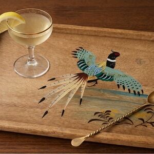 Mid Century Hand-Painted Wooden Serving Tray with Colorful Bird